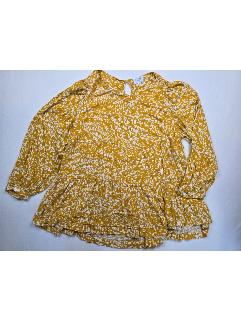 Time And Tru Womens Yellow White Floral Print Long Sleeve Peplum Blouse XL Boho